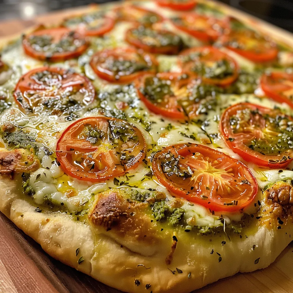 Pizza de pesto con ingredientes frescos y gruesas rodajas de tomate.