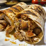 ['Wrap de pollo a la parrilla con ingredientes frescos.', 'Primer plano de un wrap de pollo con salsa barbacoa.', 'Wrap de pollo a la parrilla adornado con lechuga y tomates.', 'Vista lateral de un jugoso wrap de pollo con pimientos y queso.']