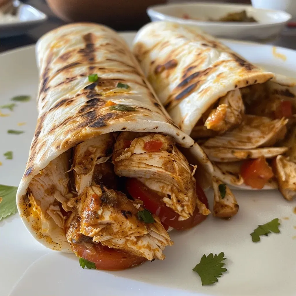 ['Wrap de pollo a la parrilla con ingredientes frescos.', 'Primer plano de un wrap de pollo con salsa barbacoa.', 'Wrap de pollo a la parrilla adornado con lechuga y tomates.', 'Vista lateral de un jugoso wrap de pollo con pimientos y queso.']