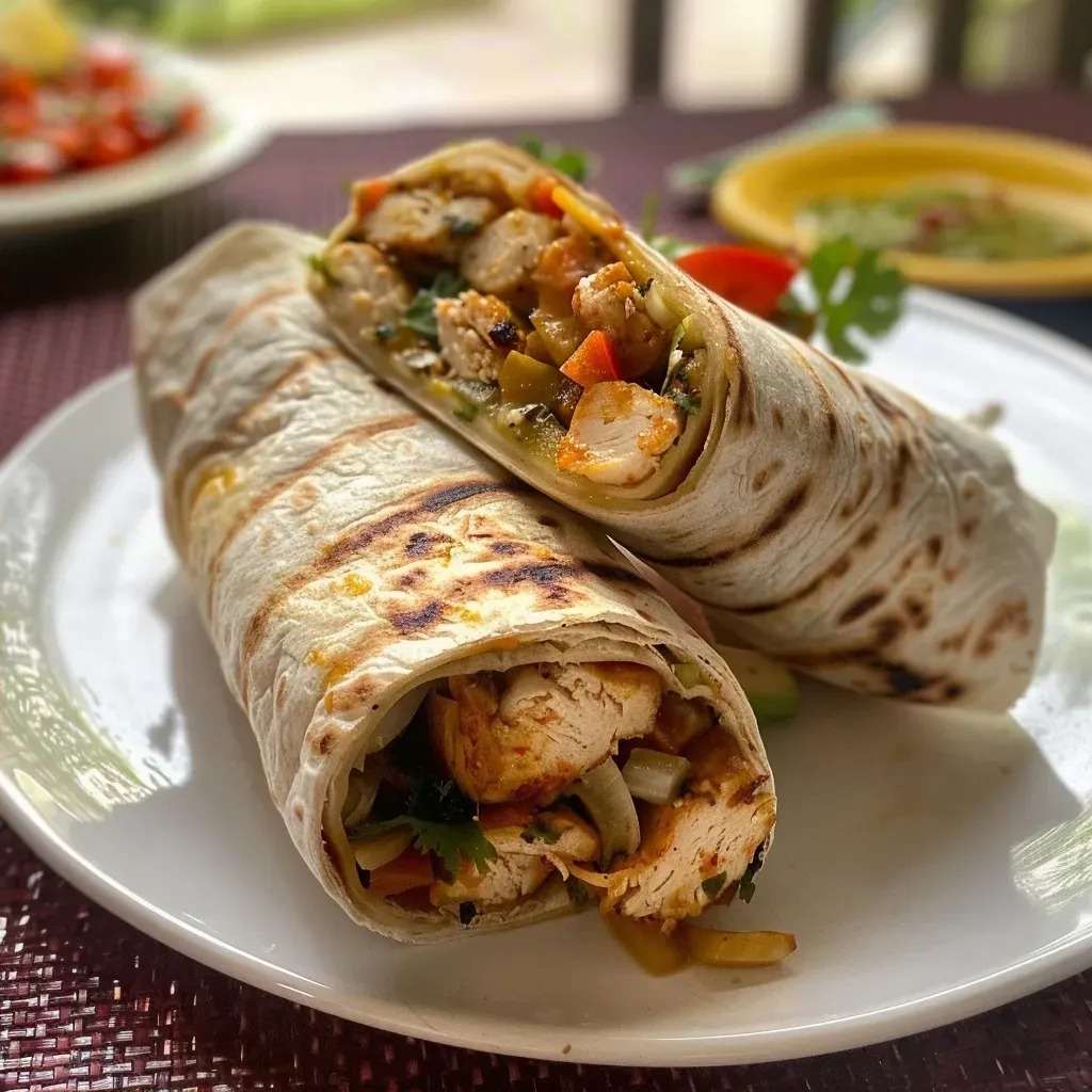 ['Wrap de pollo estilo búfalo con ingredientes frescos.', 'Close up de un delicioso wrap de pollo con salsa búfalo.', 'Vista lateral de un wrap de pollo estilo búfalo listo para comer.', 'Wrap de pollo estilo búfalo con lechuga y tomate.']