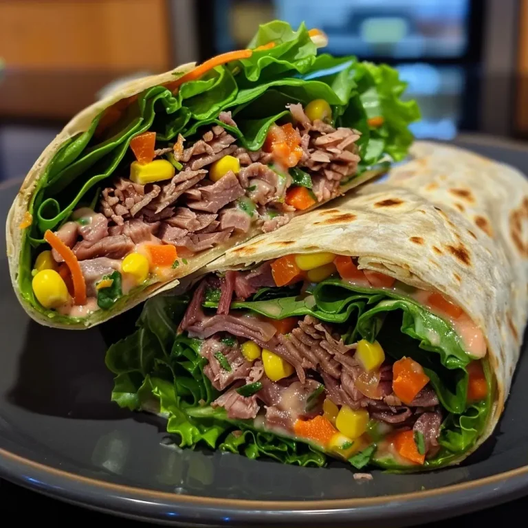 ['Wrap de roast beef con verduras visto de lado.', 'Primer plano de un wrap de carne y vegetales.', 'Tortilla rellena de roast beef y vegetales.', 'Detalle de un wrap de roast beef con lechuga y zanahoria.']