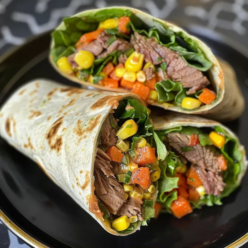 ['Wrap de roast beef con verduras visto de lado.', 'Primer plano de un wrap de carne y vegetales.', 'Tortilla rellena de roast beef y vegetales.', 'Detalle de un wrap de roast beef con lechuga y zanahoria.']