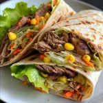 ['Wrap de roast beef con verduras frescas en primer plano.', 'Tortilla rellena de roast beef y vegetales coloridos.', 'Detalle de un wrap de roast beef con lechuga y zanahoria.', 'Close up de un delicioso wrap de carne asada y verduras.']