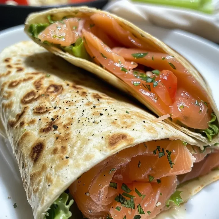['Wrap de salmón ahumado con queso crema y eneldo.', 'Vista lateral de un wrap de salmón ahumado en un plato.', 'Primer plano de un wrap de salmón con ingredientes frescos.', 'Tortilla rellena de salmón ahumado y queso crema.']