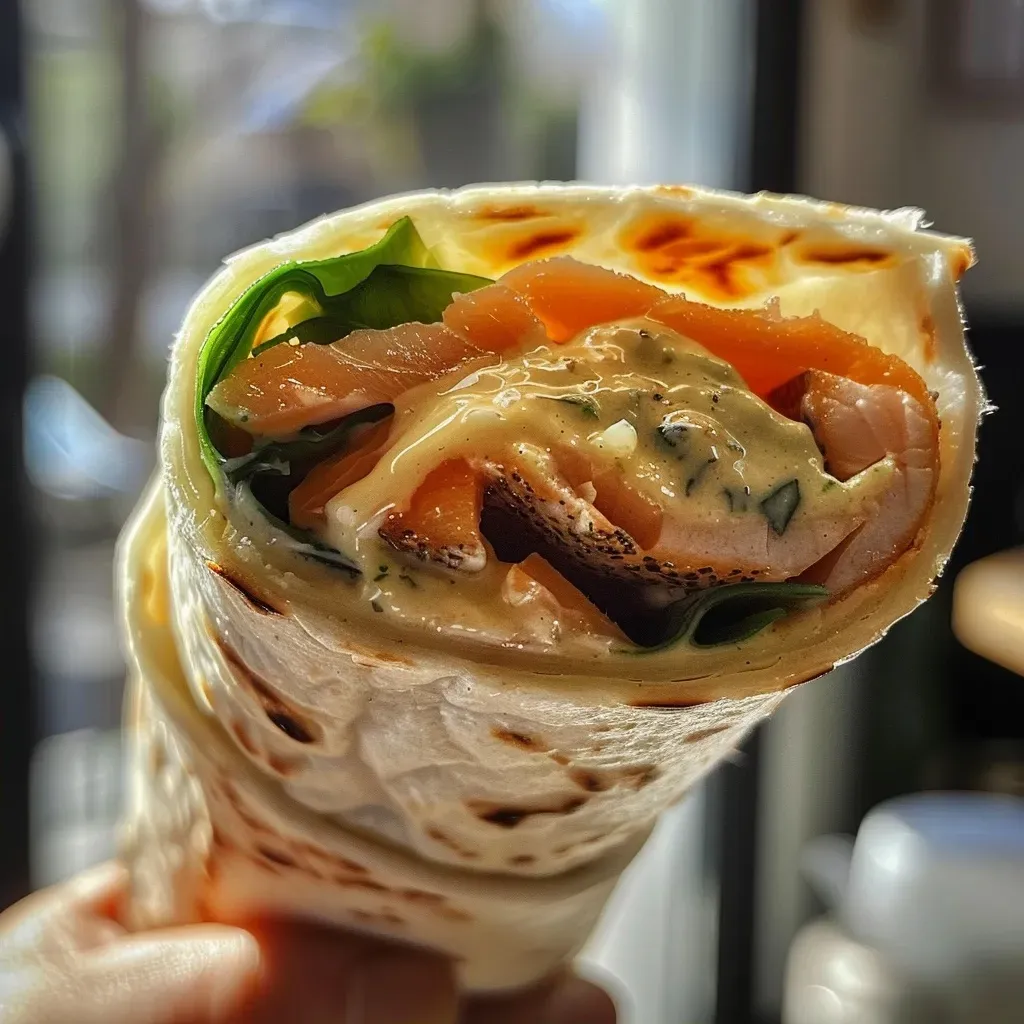 ['Wrap de salmón ahumado con queso crema y eneldo.', 'Vista lateral de un wrap de salmón ahumado en un plato.', 'Primer plano de un wrap de salmón con ingredientes frescos.', 'Tortilla rellena de salmón ahumado y queso crema.']