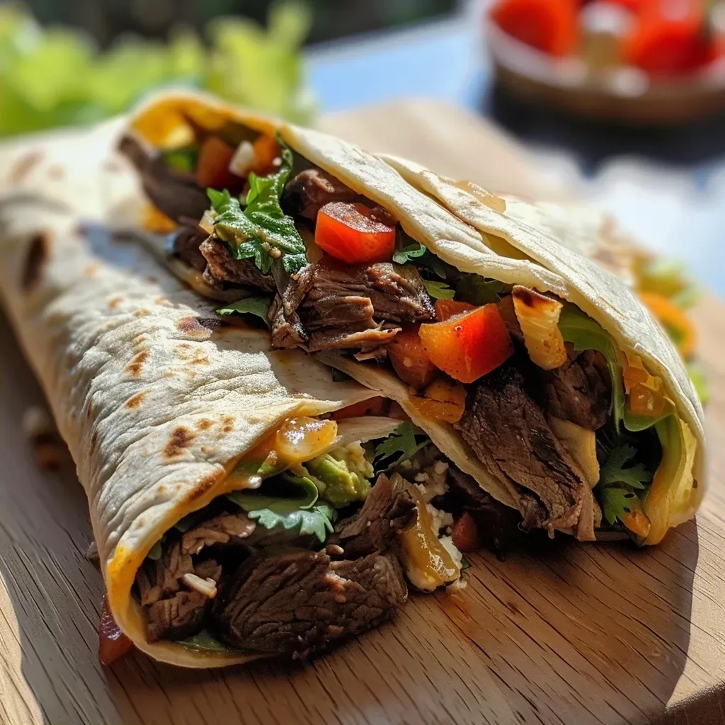 ['Wrap de roastbeef con ingredientes frescos en primer plano.', 'Detalle de un wrap relleno de roastbeef y ensalada.', 'Ensalada dentro de un wrap con carne de roastbeef.', 'Vista lateral de un wrap con roastbeef y cebolla roja.']