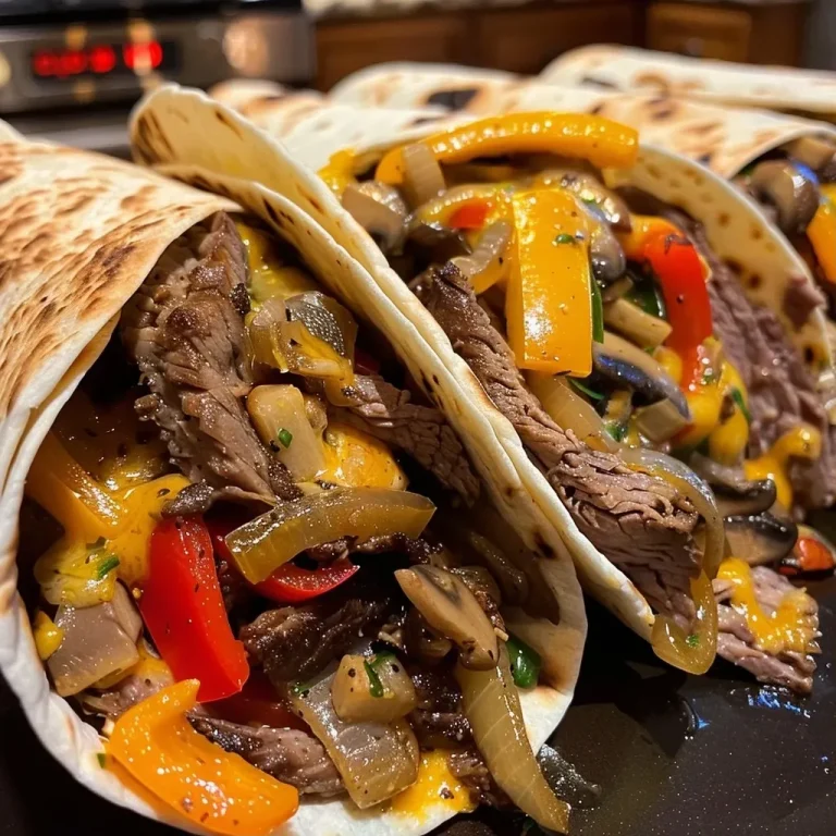 ['Deliciosos wraps de cheesesteak con carne y verduras.', 'Vista lateral de wraps de cheesesteak cargados de queso y vegetales.', 'Wraps de cheesesteak jugosos con ingredientes frescos.', 'Detalle de los wraps de cheesesteak, listos para disfrutar.']