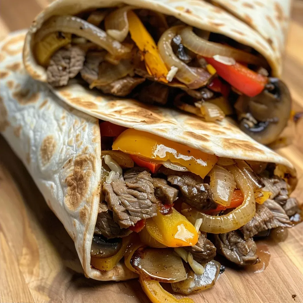 ['Deliciosos wraps de cheesesteak con carne y verduras.', 'Vista lateral de wraps de cheesesteak cargados de queso y vegetales.', 'Wraps de cheesesteak jugosos con ingredientes frescos.', 'Detalle de los wraps de cheesesteak, listos para disfrutar.']