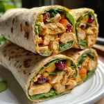 ['Wraps de ensalada de pollo con chutney de mango en primer plano.', 'Vista lateral de wraps de ensalada de pollo en un plato.', 'Detalle de wraps de pollo con ingredientes frescos y chutney.', 'Ensalada de pollo envuelta en tortilla con chutney de mango.']