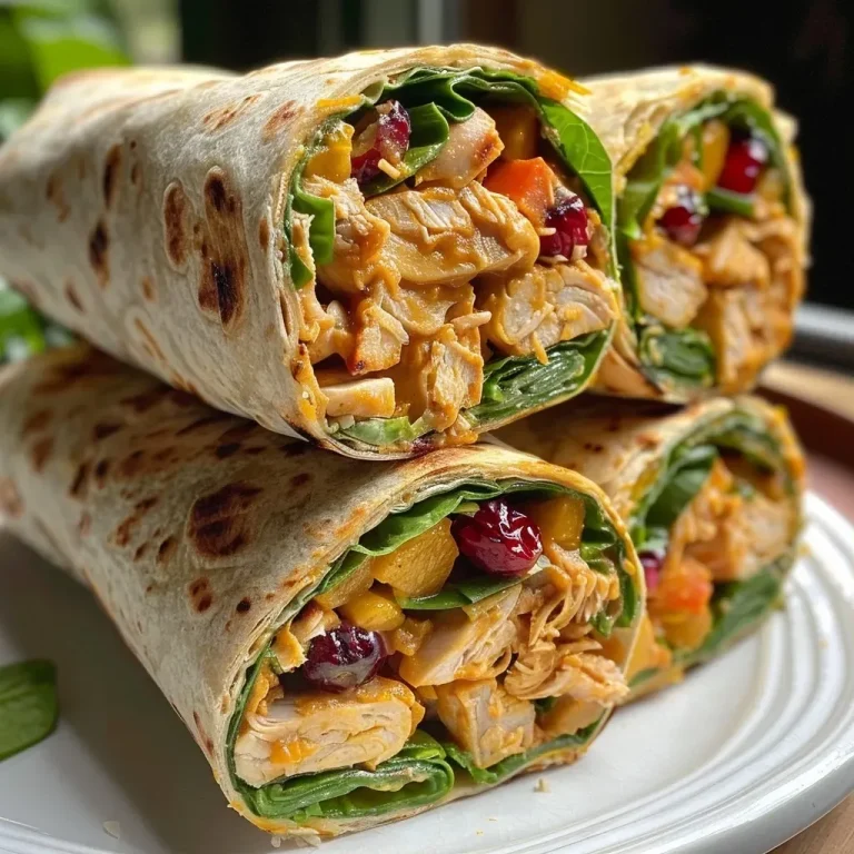 ['Wraps de ensalada de pollo con chutney de mango en primer plano.', 'Vista lateral de wraps de ensalada de pollo en un plato.', 'Detalle de wraps de pollo con ingredientes frescos y chutney.', 'Ensalada de pollo envuelta en tortilla con chutney de mango.']