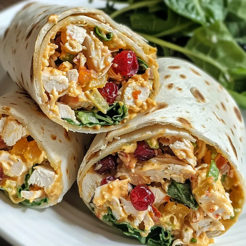 ['Wraps de ensalada de pollo con chutney de mango en primer plano.', 'Vista lateral de wraps de ensalada de pollo en un plato.', 'Detalle de wraps de pollo con ingredientes frescos y chutney.', 'Ensalada de pollo envuelta en tortilla con chutney de mango.']