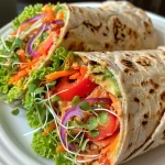 ['Wraps de hummus con verduras frescas y coloridas.', 'Primer plano de tortillas integrales rellenas de hummus y vegetales.', 'Ensalada en forma de wraps, mostrando ingredientes frescos.', 'Tortilla de hummus con aguacate y pimientos rojos asados.']