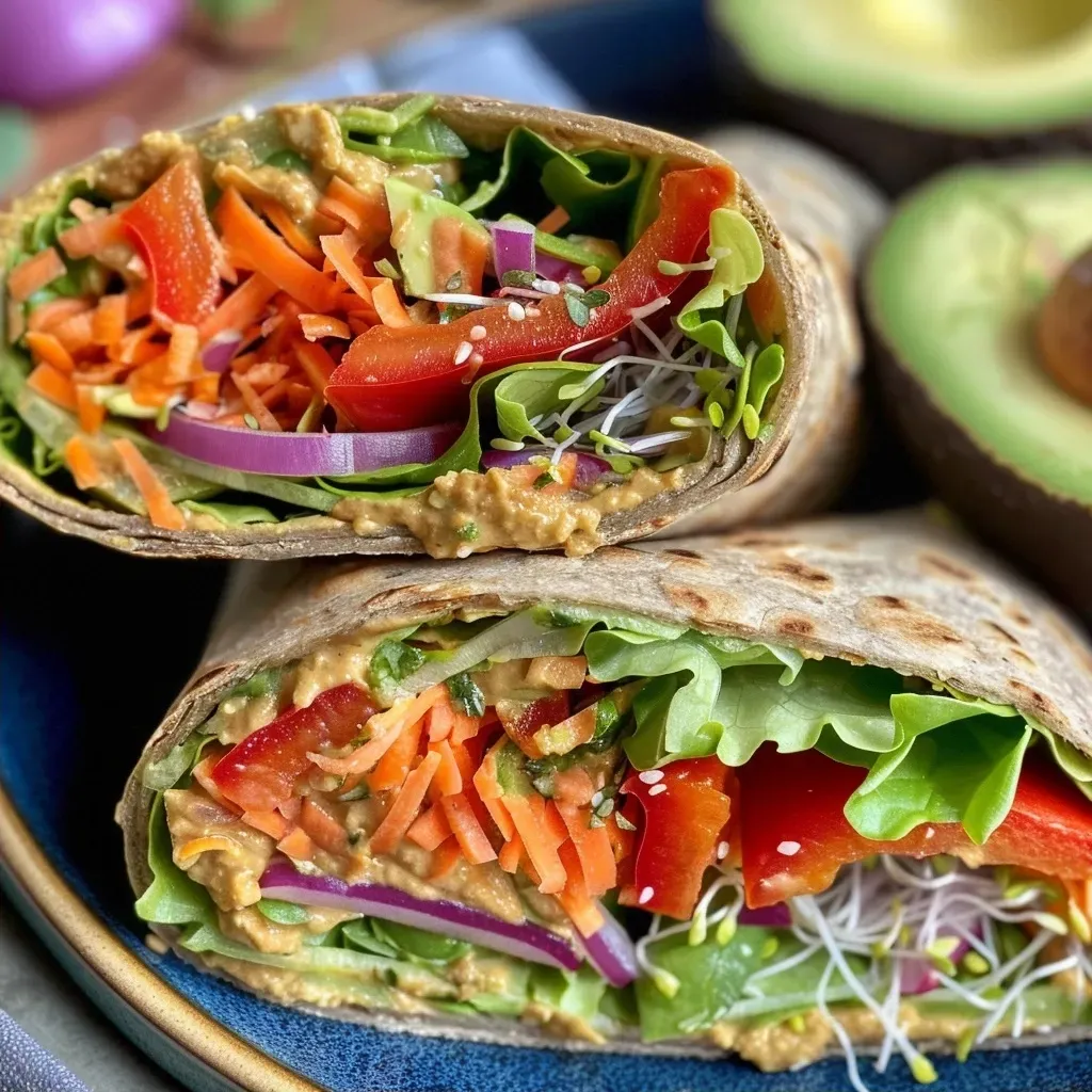 ['Wraps de hummus con verduras frescas y coloridas.', 'Primer plano de tortillas integrales rellenas de hummus y vegetales.', 'Ensalada en forma de wraps, mostrando ingredientes frescos.', 'Tortilla de hummus con aguacate y pimientos rojos asados.']