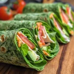 ['Wrap de espinacas y pavo con ingredientes frescos.', 'Envuelto de pavo y espinacas en primer plano.', 'Close up de un wrap de pavo y espinacas.', 'Detalle de un wrap saludable de pavo y espinacas.']