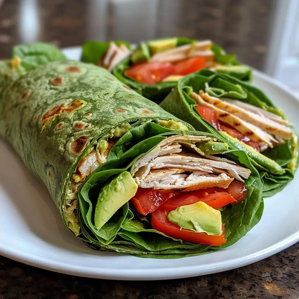 ['Wrap de espinacas y pavo con ingredientes frescos.', 'Envuelto de pavo y espinacas en primer plano.', 'Close up de un wrap de pavo y espinacas.', 'Detalle de un wrap saludable de pavo y espinacas.']