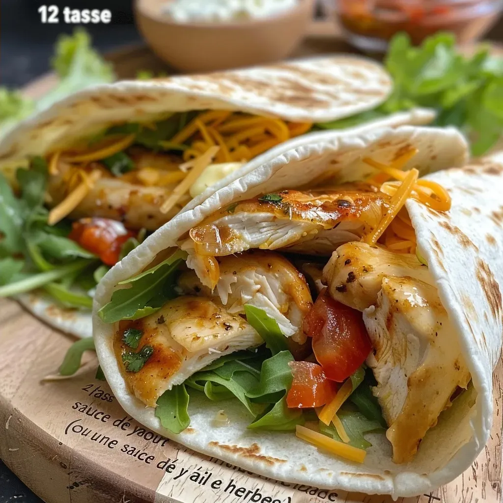 ['Wraps de pollo con queso y salsa de ajo en primer plano.', 'Deliciosos wraps de pollo en tortillas mostrando su jugosa textura.', 'Imagen de wraps rellenos de pollo y queso con salsa de ajo.', 'Vista lateral de wraps de pollo con ingredientes frescos.']