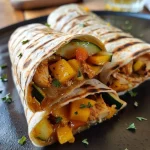 ['Wraps de pollo con mango y verduras frescas.', 'Primer plano de wraps de pollo y mango.', 'Hähnchen-Wraps con ingredientes coloridos.', 'Ensalada de wraps de pollo con mango.']