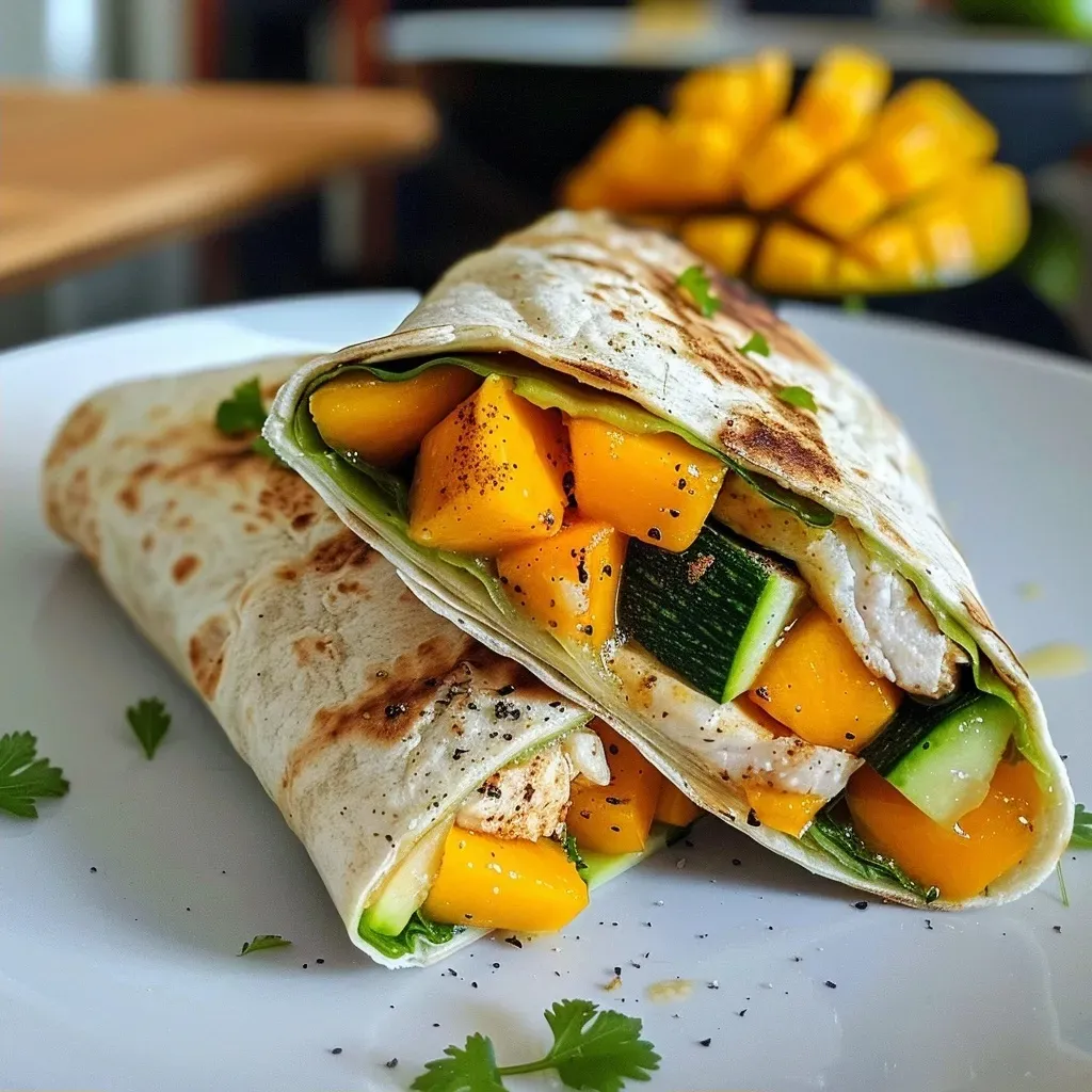 Wraps de pollo con mango y verduras frescas.