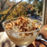 ['Yogur natural con miel y nueces en un tazón.', 'Primer plano de yogur con miel y nueces.', 'Yogur cremoso con miel y mezcla de nueces.', 'Tazón de yogur con miel y frutas secas.']
