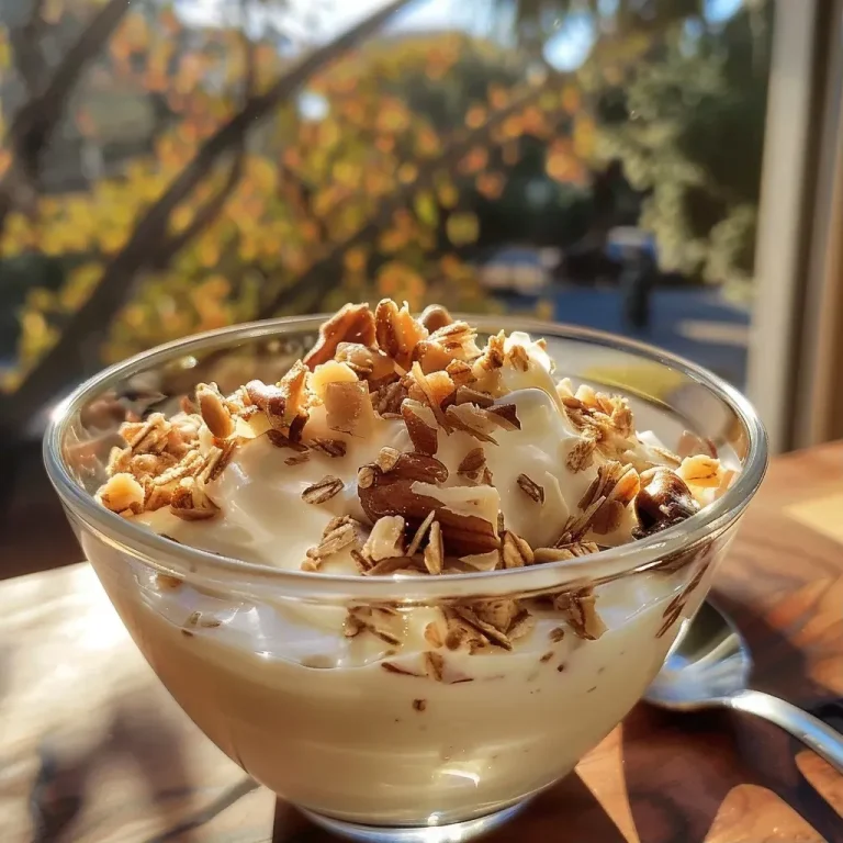 ['Yogur natural con miel y nueces en un tazón.', 'Primer plano de yogur con miel y nueces.', 'Yogur cremoso con miel y mezcla de nueces.', 'Tazón de yogur con miel y frutas secas.']