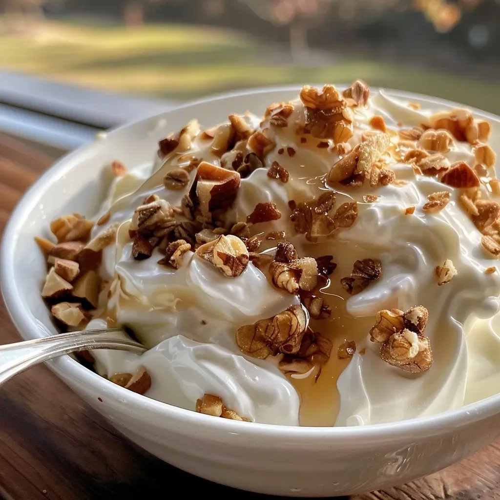 ['Yogur natural con miel y nueces en un tazón.', 'Primer plano de yogur con miel y nueces.', 'Yogur cremoso con miel y mezcla de nueces.', 'Tazón de yogur con miel y frutas secas.']