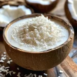 ['Yogur de coco cremoso en un bol.', 'Primer plano de un yogur de coco con textura suave.', 'Yogur de coco servido en un recipiente de cerámica.', 'Close up de yogur de coco con ingredientes visibles.']