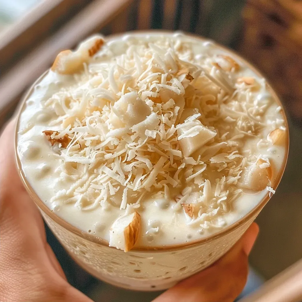 ['Yogur de coco cremoso en un bol.', 'Primer plano de un yogur de coco con textura suave.', 'Yogur de coco servido en un recipiente de cerámica.', 'Close up de yogur de coco con ingredientes visibles.']