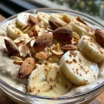 ['Tazón de yogur con rodajas de banana y almendras.', 'Yogur acompañado de banana y almendras en un plato.', 'Detalle de yogur, plátano y almendras en un vaso.', 'Mezcla de yogur, banana y almendras en primer plano.']