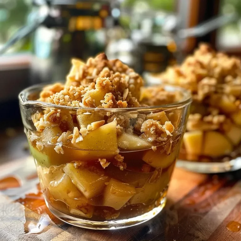 ['Apfel Crumble servido en un vaso, mostrando capas de manzana y crumble.', 'Detalle de un Apfel Crumble en vaso con ingredientes visibles.', 'Apfel Crumble en un recipiente de vidrio, resaltando la textura crujiente.', 'Close up de un postre de manzana en un vaso, ideal para degustar.']