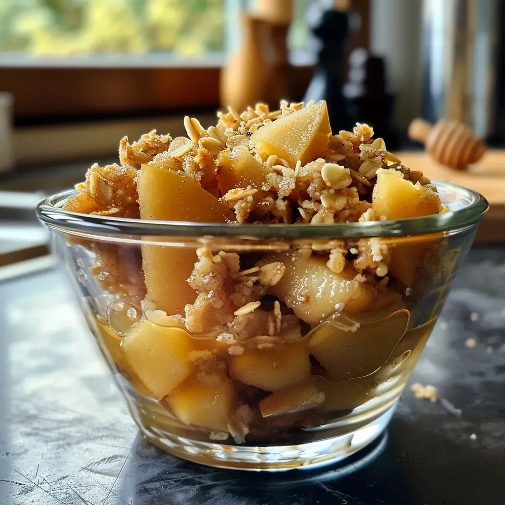 Apfel Crumble servido en un vaso, mostrando capas de manzana y crumble.
