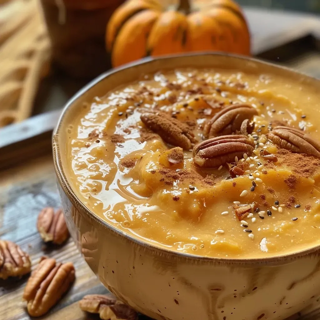 ['Tazón de avena con calabaza decorado con nueces pecanas.', 'Porridge de avena con calabaza y nueces en primer plano.', 'Avena caliente con puré de calabaza y nueces en un recipiente.', 'Close up de avena con calabaza al microondas con toppings.']