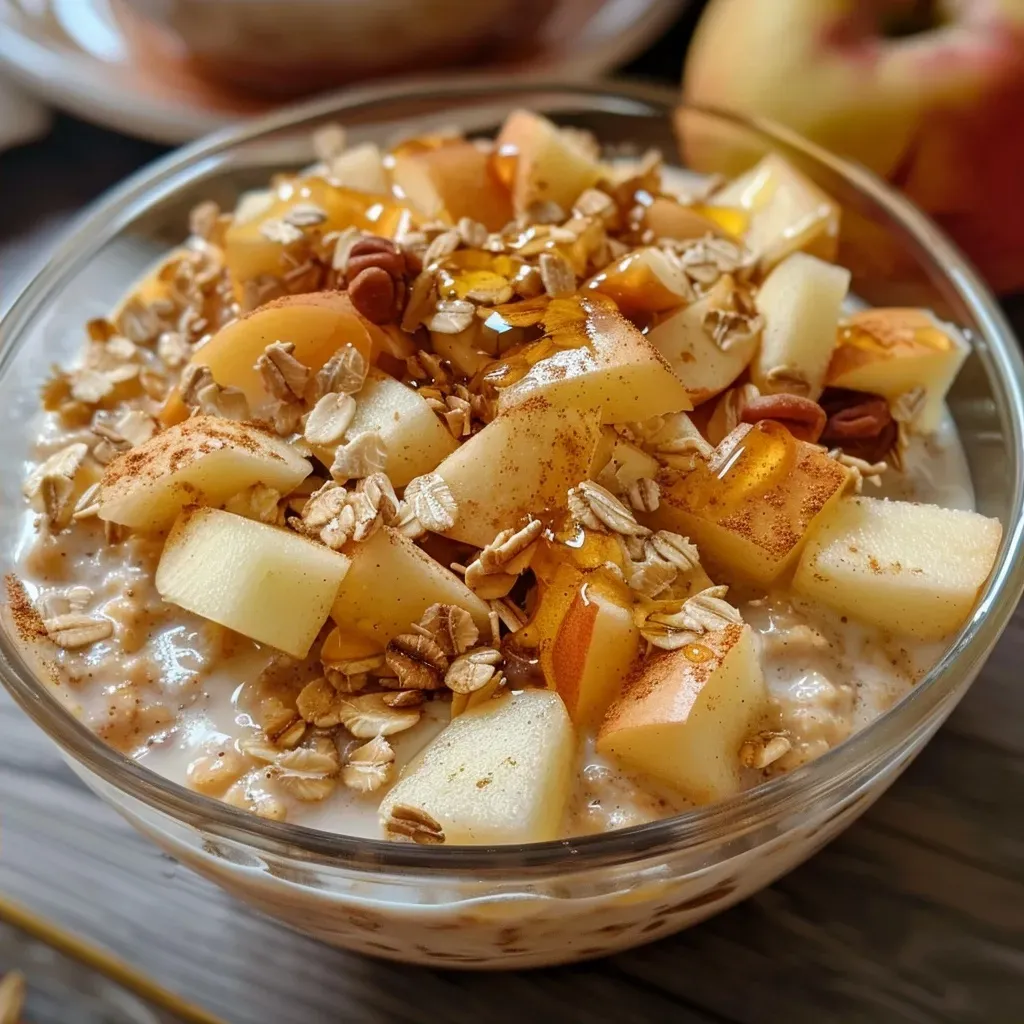 Tazón de avena con manzanas y almendras en una mesa.
