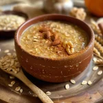 ['Avena de calabaza con nueces y arándanos en un tazón.', 'Primer plano de avena de calabaza decorada con nueces y arándanos.', 'Tazón de avena de calabaza con ingredientes visibles.', 'Avena de calabaza servida con nueces y arándanos secos.']