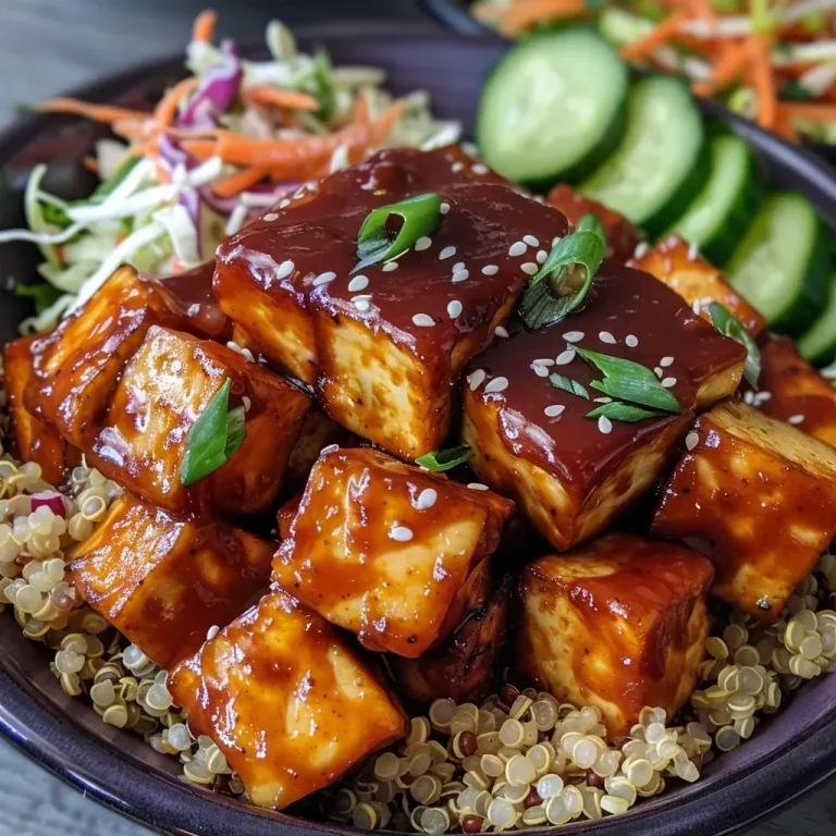 ['Tazón de tofu BBQ con quinoa y coleslaw.', 'Primer plano de un plato de tofu a la barbacoa.', 'Vista lateral de un tazón de BBQ Tofu con vegetales.', 'Tazón lleno de tofu BBQ, quinoa y ensalada vegana.']