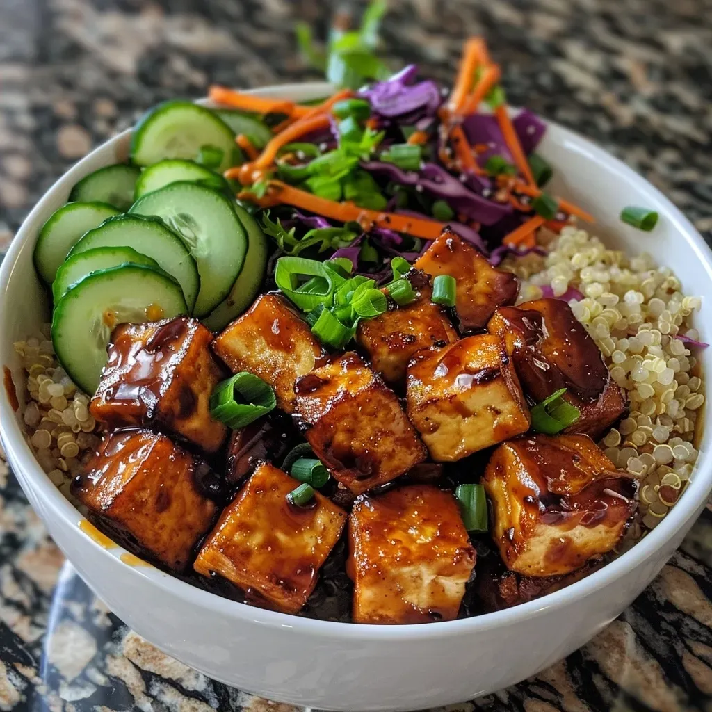 Tazón de tofu BBQ con quinoa y coleslaw.