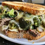 ['Plato de Beef and Broccoli Melt con ingredientes visualmente atractivos.', 'Close up de un sándwich con carne y brócoli derretido.', 'Beef and Broccoli Melt presentado en una tabla de madera.', 'Sándwich jugoso de carne y brócoli con queso derretido.']