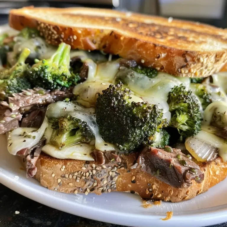 ['Plato de Beef and Broccoli Melt con ingredientes visualmente atractivos.', 'Close up de un sándwich con carne y brócoli derretido.', 'Beef and Broccoli Melt presentado en una tabla de madera.', 'Sándwich jugoso de carne y brócoli con queso derretido.']