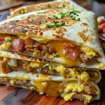 ['Primer plano de un Crunchwrap de desayuno jugoso.', 'Vista lateral de un Crunchwrap de desayuno apetitoso.', 'Crunchwrap de desayuno con ingredientes visibles en una tortilla.', 'Detalle de un Crunchwrap de desayuno en un plato.']