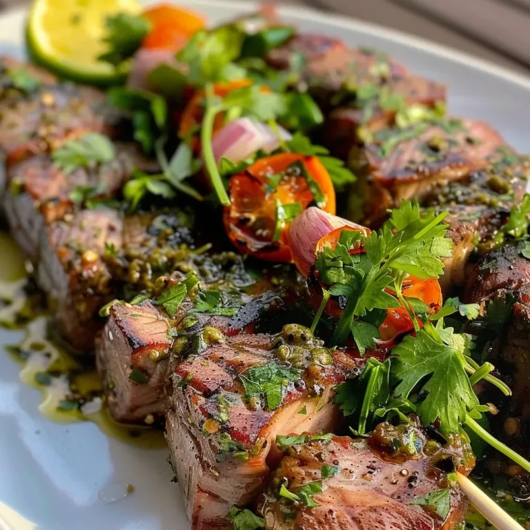 ['Brochetas de atún a la parrilla con salsa verde.', 'Cubos de atún ensartados en brochetas, con salsa verde fresca.', 'Close-up de brochetas de atún asadas con condimentos.', 'Brochetas jugosas de atún acompañadas de salsa verde.']