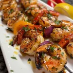 ['Brochetas de camarones a la parrilla con pimientos y cebolla.', 'Primer plano de deliciosas brochetas de camarones asados.', 'Brochetas de camarones junto a verduras asadas.', 'Camarones a la parrilla en brochetas coloridas.']