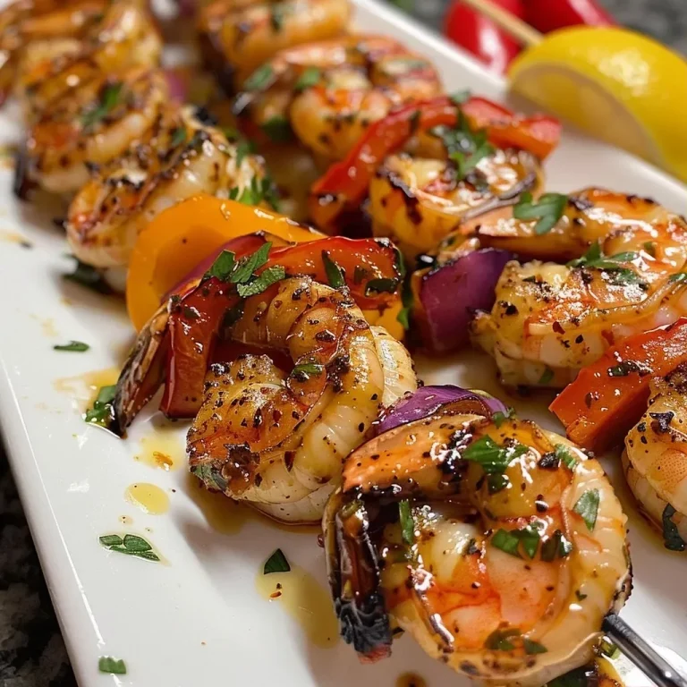 ['Brochetas de camarones a la parrilla con pimientos y cebolla.', 'Primer plano de deliciosas brochetas de camarones asados.', 'Brochetas de camarones junto a verduras asadas.', 'Camarones a la parrilla en brochetas coloridas.']