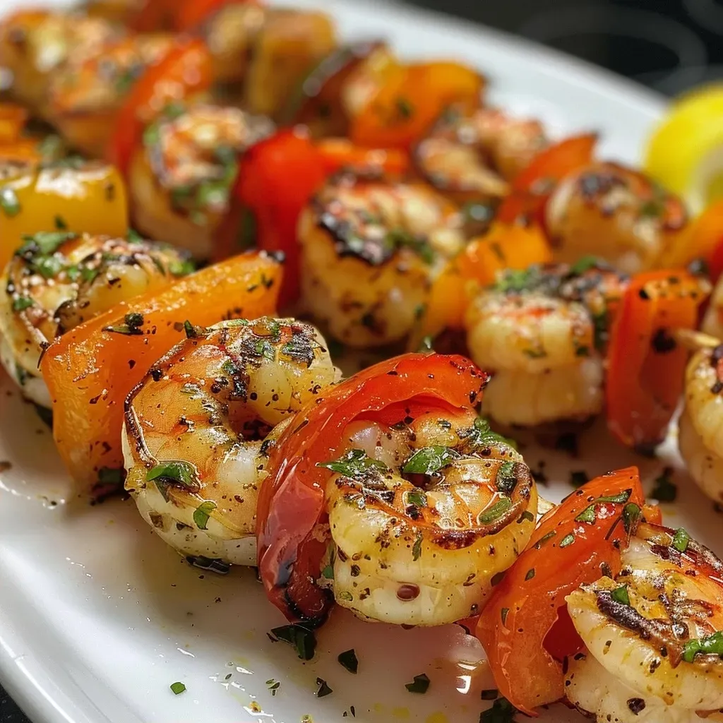 ['Brochetas de camarones a la parrilla con pimientos y cebolla.', 'Primer plano de deliciosas brochetas de camarones asados.', 'Brochetas de camarones junto a verduras asadas.', 'Camarones a la parrilla en brochetas coloridas.']