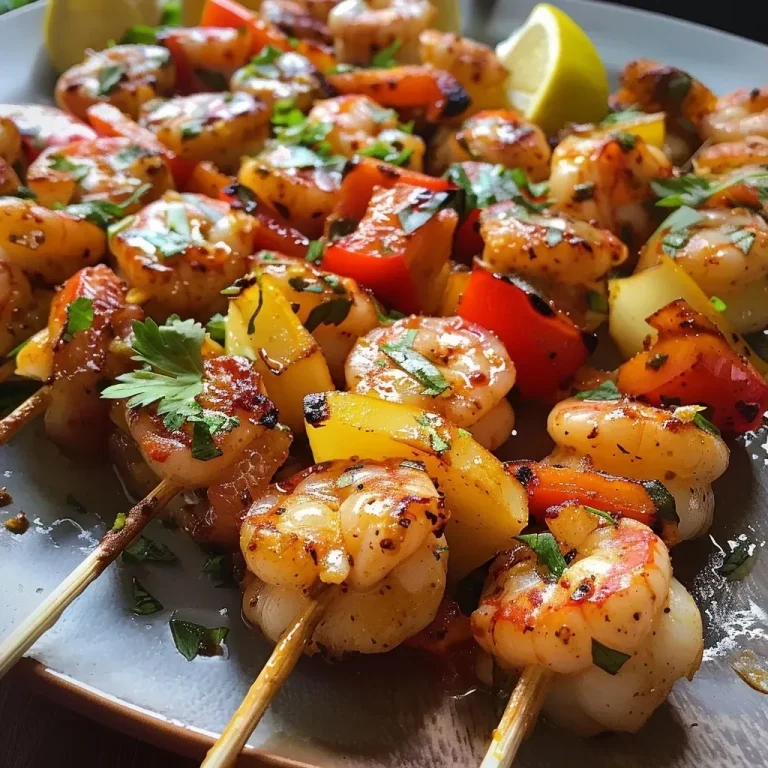 ['Brochetas de camarones y piña a la parrilla con vegetales.', 'Primer plano de brochetas con camarones, piña y pimientos.', 'Brochetas coloridas de camarones y piña en la parrilla.', 'Deliciosas brochetas de camarones y piña listas para disfrutar.']