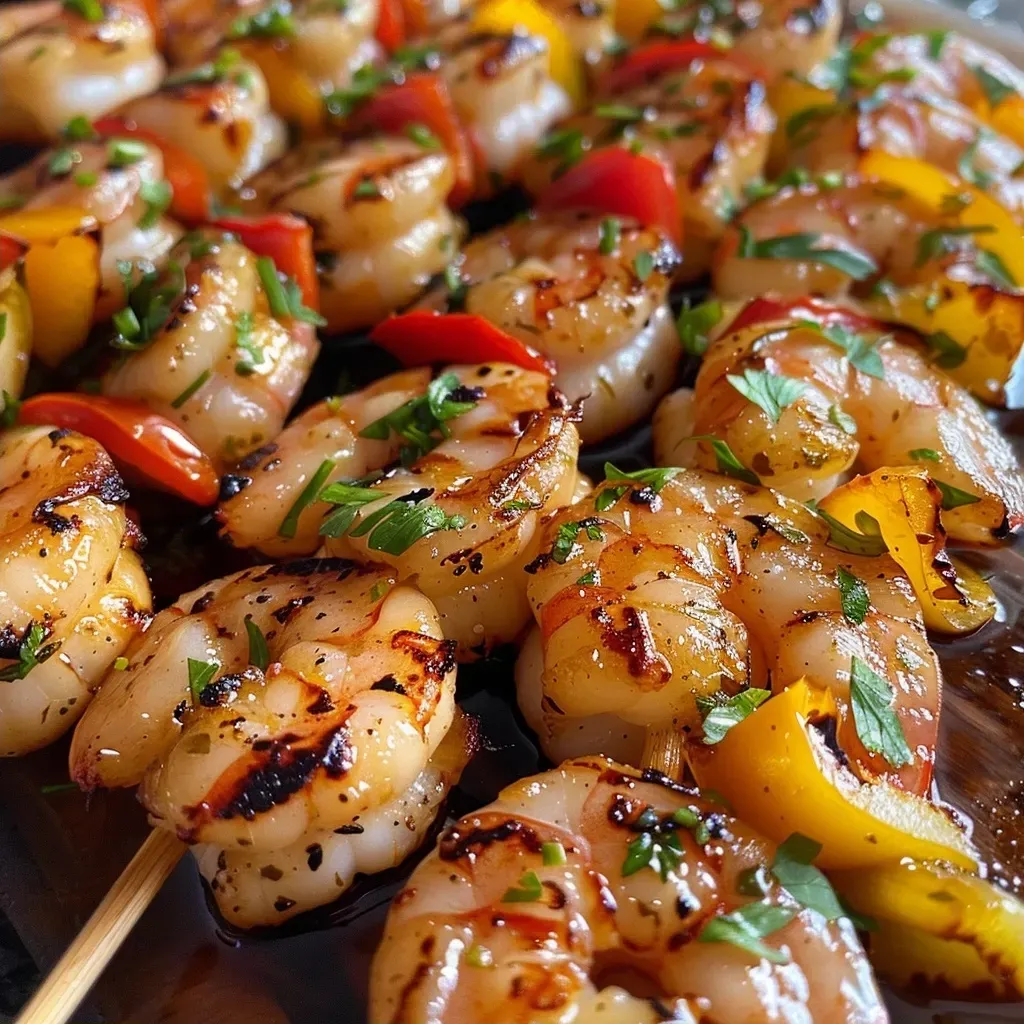 ['Brochetas de camarones y piña a la parrilla con vegetales.', 'Primer plano de brochetas con camarones, piña y pimientos.', 'Brochetas coloridas de camarones y piña en la parrilla.', 'Deliciosas brochetas de camarones y piña listas para disfrutar.']