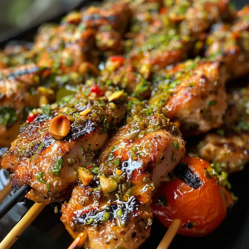 ['Brochetas de pavo con pistachos y tomates cherry.', 'Close up de brochetas crujientes de pavo y pistachos.', 'Detalle de brochetas de pavo con acompañamiento de cherry.', 'Brochetas jugosas de pavo, pistachos y tomates cherry.']