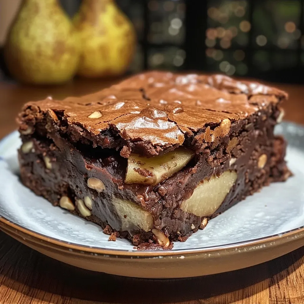 ['Brownie de pera y chocolate con textura jugosa.', 'Vista lateral de un brownie de pera y chocolate.', 'Primer plano de un delicioso brownie de pera y chocolate.', 'Brownie de pera y chocolate presentado en un plato.']