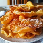 ['Buñuelos de pera recién fritos con un acabado dorado.', 'Primer plano de buñuelos de pera esponjosos y crujientes.', 'Buñuelos de pera decorados con azúcar glas.', 'Vista lateral de buñuelos de pera en un plato.']