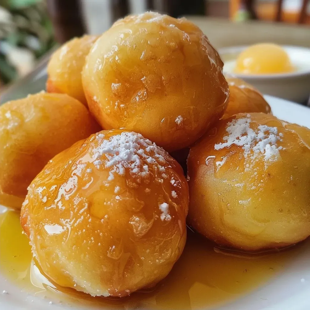 ['Buñuelos de pera recién fritos con un acabado dorado.', 'Primer plano de buñuelos de pera esponjosos y crujientes.', 'Buñuelos de pera decorados con azúcar glas.', 'Vista lateral de buñuelos de pera en un plato.']