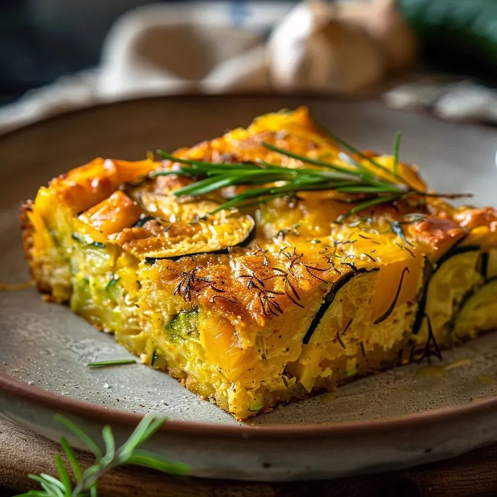 Imagen de un cake de calabacín y tofu, vista lateral.