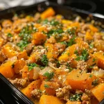 ['Plato de calabaza asada con pavo molido y espinacas.', 'Close-up de calabaza asada acompañada de carne de pavo.', 'Tazón con calabaza asada, pavo molido y queso derretido.', 'Porción de calabaza y pavo con especias y verduras.']